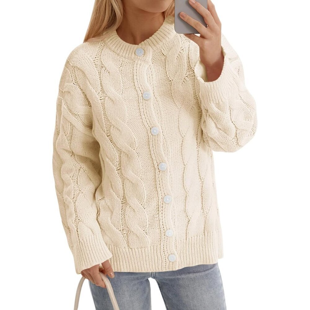 Womens Cable Knit Cardigan Sweater Long Sleeve Button Crew Casual Fall Layer